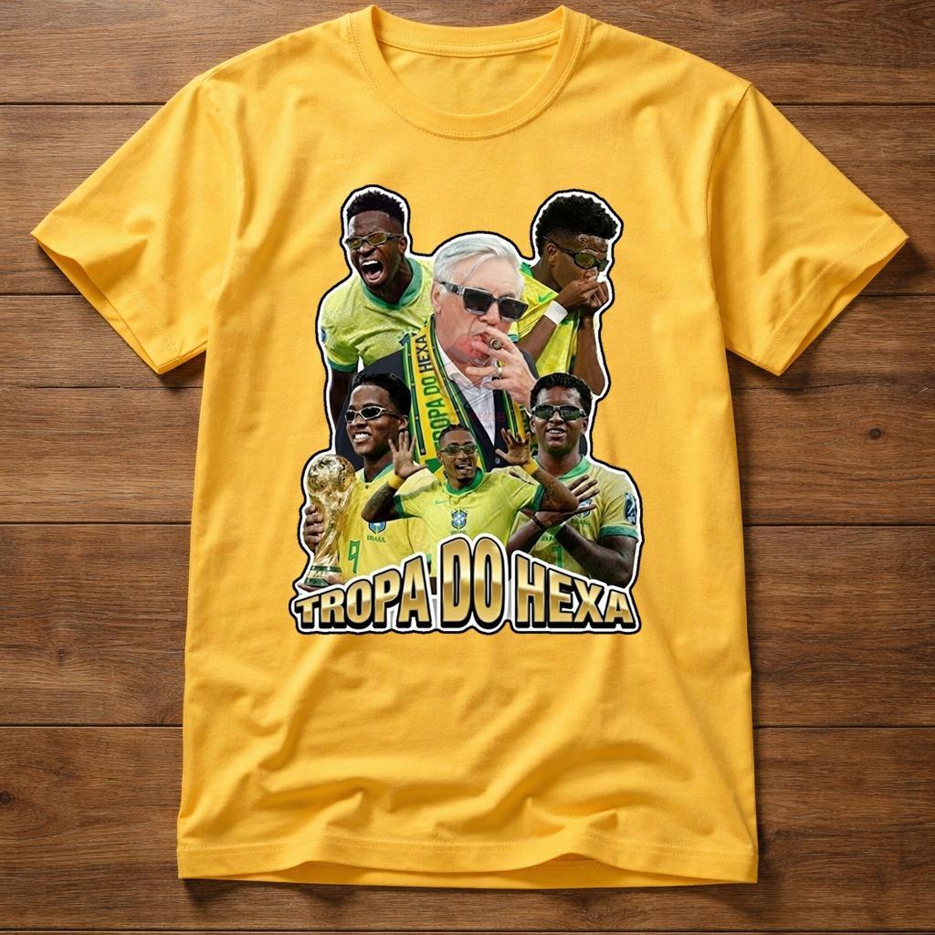 Camiseta Tropa do Hexa Camisa Algodão Manga Curta Copa Masculina Estampa Futebol Brasil Premium