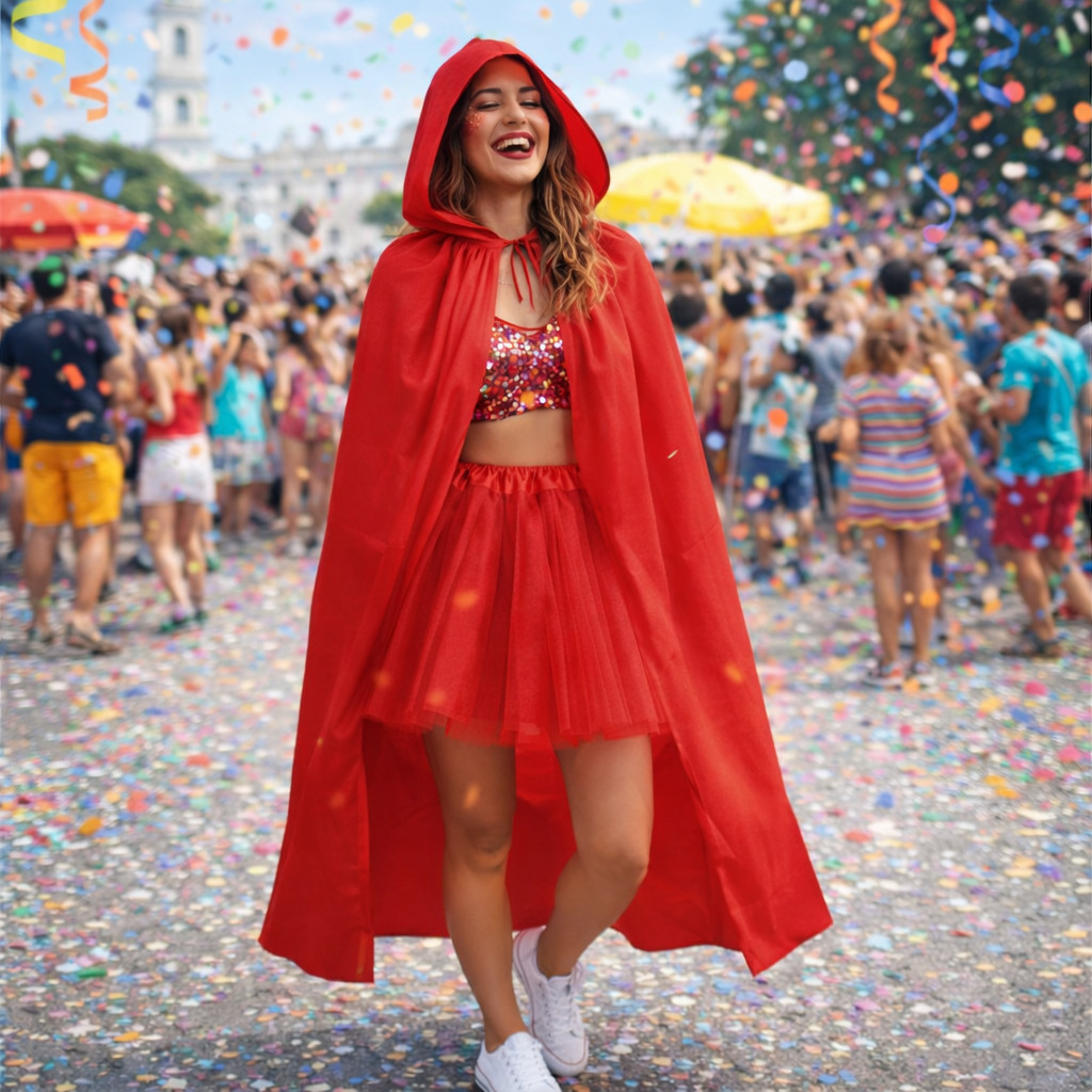 Capa Vermelha com Capuz + Saia Tule Adulto Fantasia Carnaval Feminina Festa Bloquinho Temático