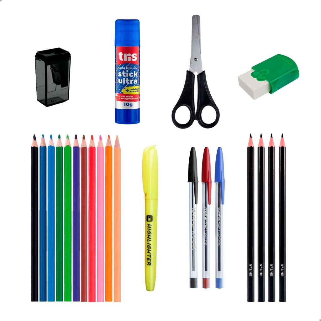 Kit Material Escolar Lapis De Cor Canetas Marcador Cola Tesoura E Mais em Oferta na Shopee