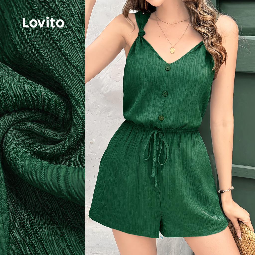 Lovito  Macacão Casual Botão Frontal Plissado Padrão Primavera/verão Verde Escuro Macacão para Mulheres L177ED047 em Oferta na Shopee