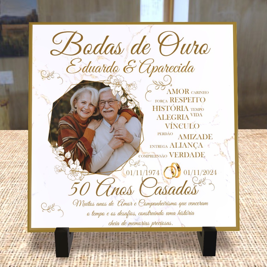 Decoração Bodas de Ouro Azulejo Personalizado Bodas de Ouro - 50 Anos Casamento Enfeite Festa de Bodas