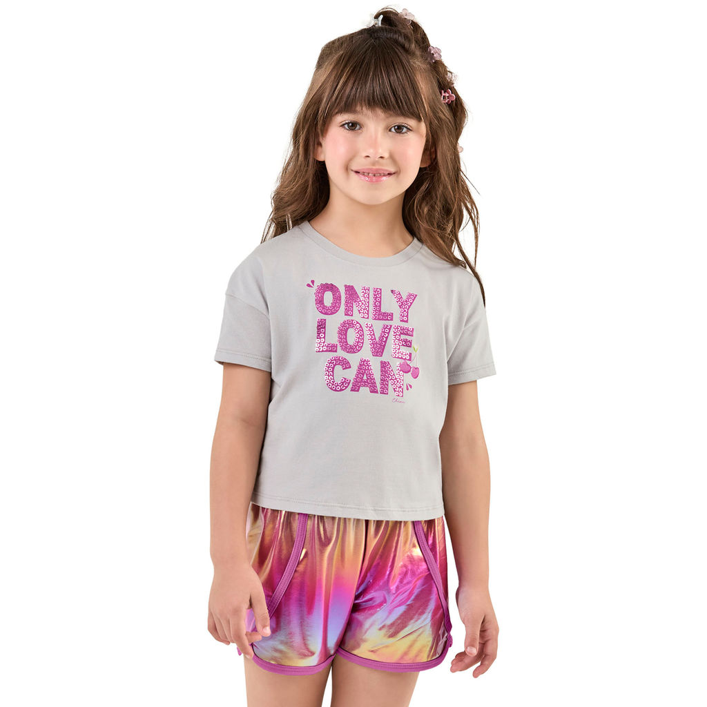 Conjunto Infantil Menina Short Holográfico Elian Cinza