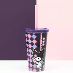 Copo de Plástico com Tampa e Canudo - Kuromi - Hello Kitty - 500ml - 1 unidade - Plasútil - Rizzo