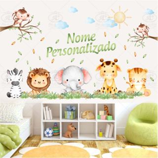Adesivo De Parede Infantil Safari Animais da Floresta Aquarela + Brinde o Nome em Oferta na Shopee
