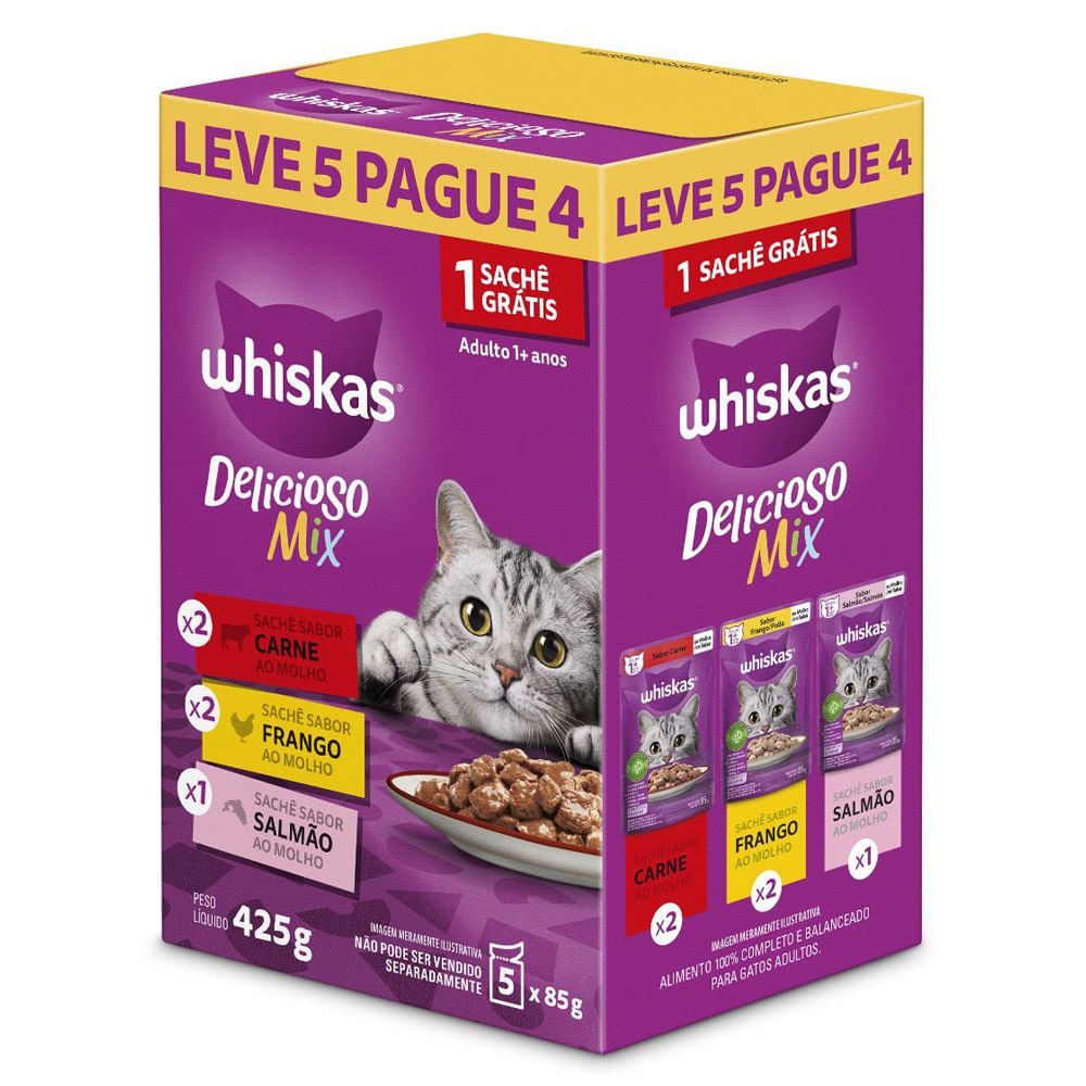 Ração para Gato Whiskas Sabores Carne Frango e Salmão ao Molho Leve 5 pague 3 425g em Oferta na Shopee
