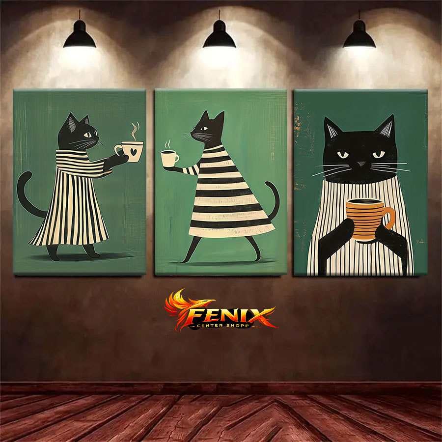 3 quadros decorativos para quarto sala hall escritório luxo 120x60cm pijama listrado Gato Verde Preto Xícaras Café