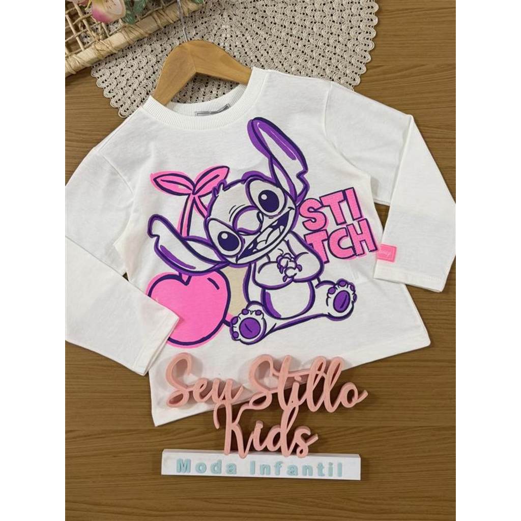 Blusa Infantil Bimbi Inverno Manga Longa Branca Stitch com Strass