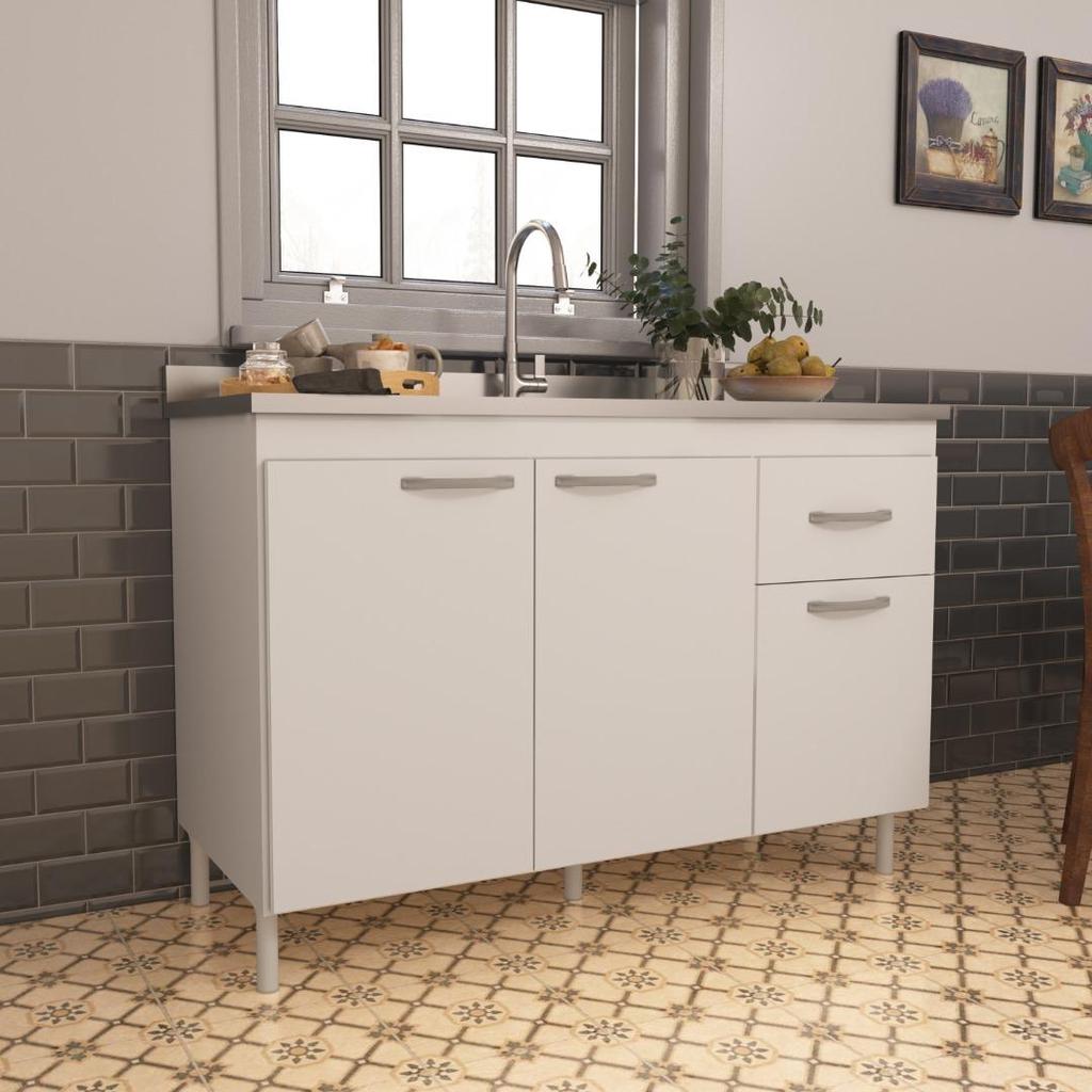 Balcão de Cozinha para Pia de 120cm Sem Tampo Suiça Fidelitá 3 Portas 1 Gaveta Branco em Oferta na Shopee