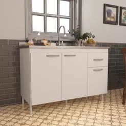 Balcão de Cozinha para Pia de 120cm Sem Tampo Suiça Fidelitá 3 Portas 1 Gaveta Branco