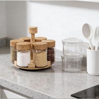 Kit 6 Potes De Vidro Porta Tempero Condimentos Com Suporte E Tampa Em Bambu Suporte Giratorio em Oferta na Shopee
