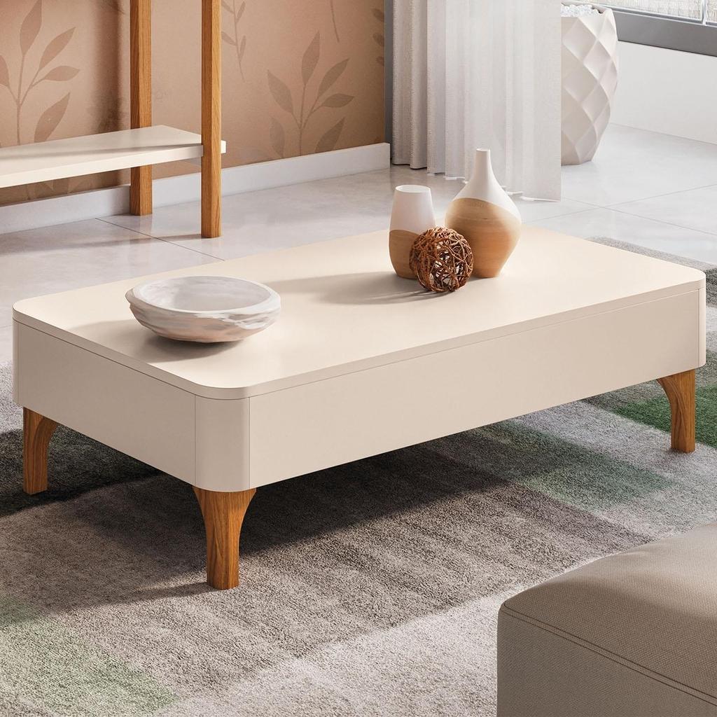Mesa de Centro Baixa para Sala Pé Madeira Thalia Off White H01 - Mpozenato