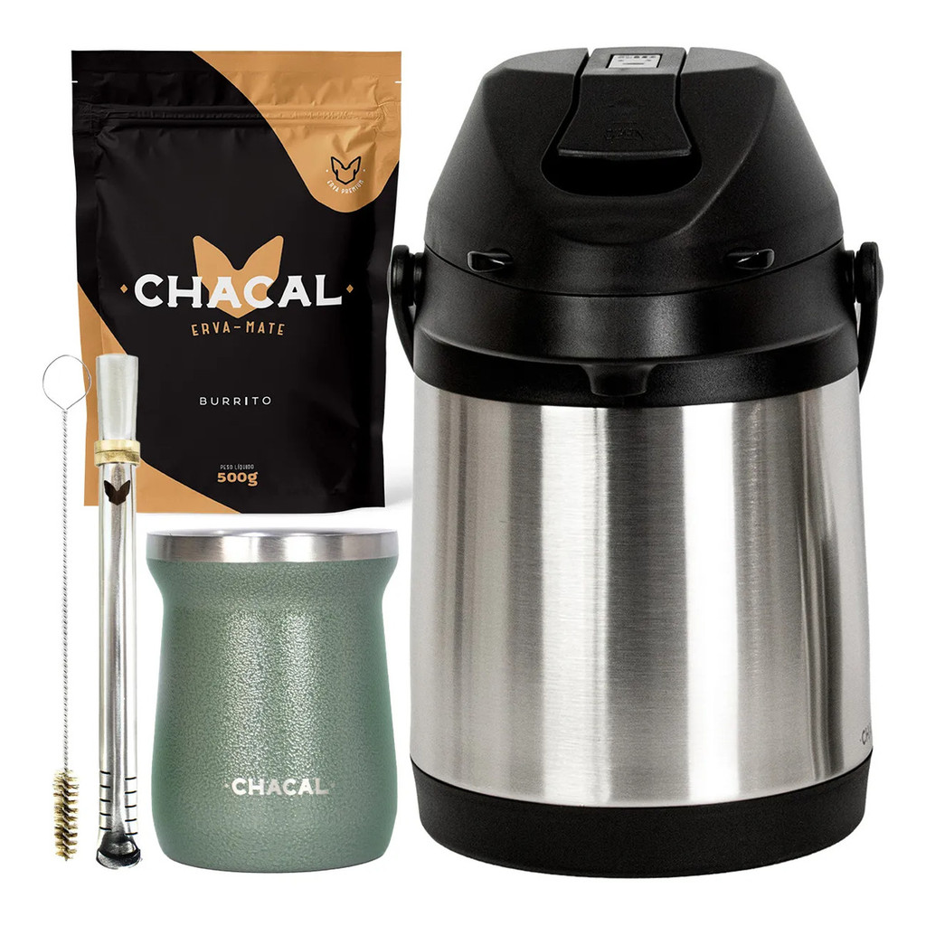 Kit Tereré Chacal Copo Verde Bomba Garrafa Térmica Inox 2.5l E Erva
