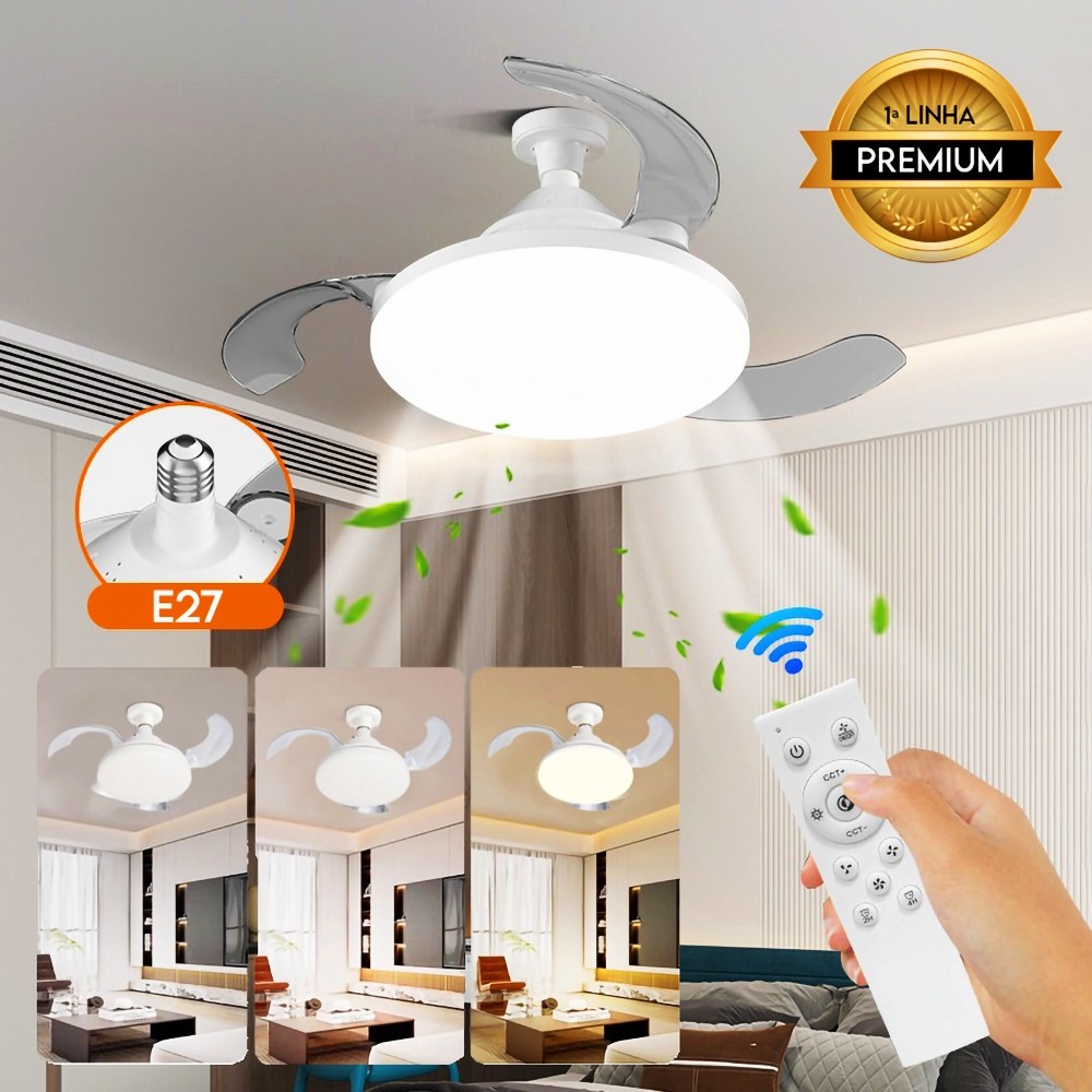 Ventilador de Teto Retrátil 80W E27 Luz LED Dimerizável C/ Controle Remoto PREMIUM
