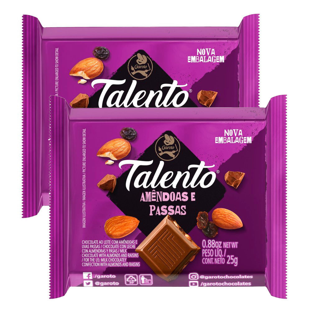 Kit 2 Chocolate Garoto Talento Amêndoas e Uvas Passas 25g em Oferta na Shopee