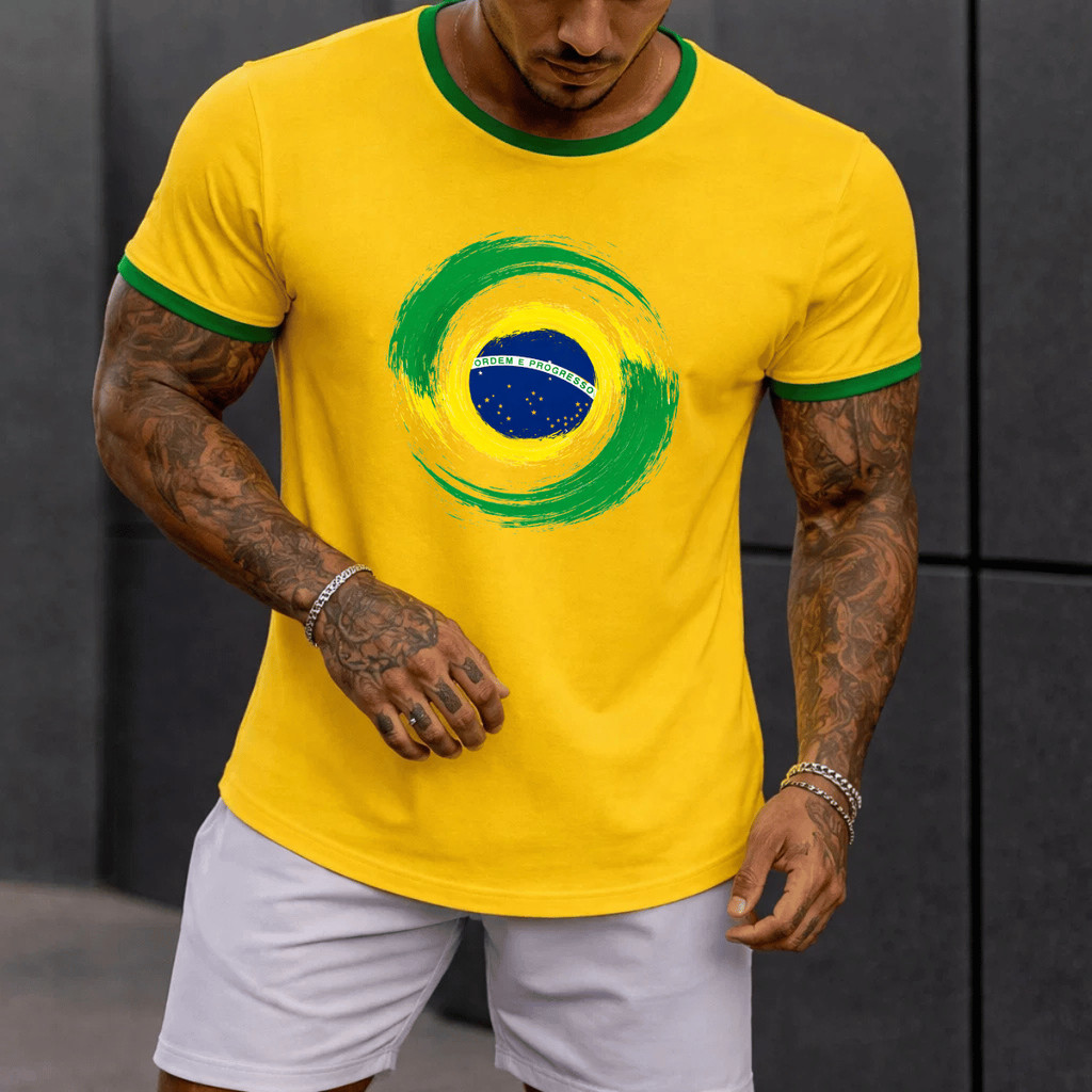 Camiseta Masculina Algodão Brasil Redondo Copa Estampada 100% Algodão Premium Blusa Camisa Casual Streetwear Verão