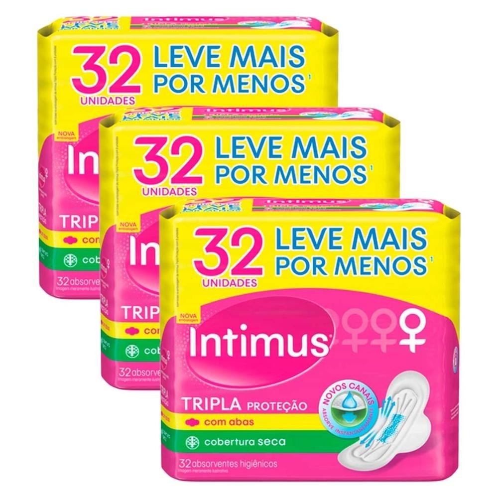 Kit 3 Absorvente Intimus Tripla Proteção c/ Abas-Seca 32 und