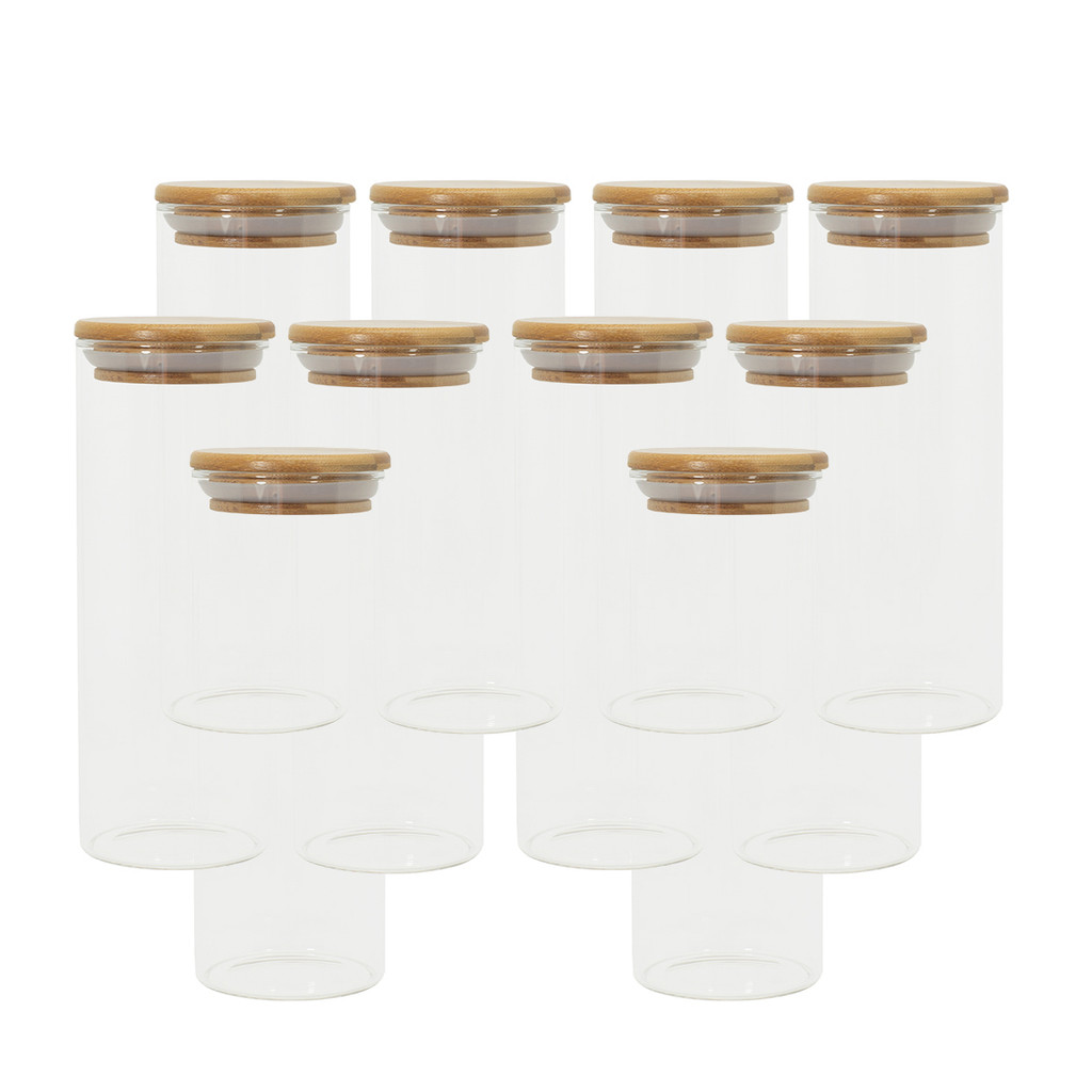 Conjunto 10 Potes Vidro Herméticos C/ Tampa de Bambu - Oikos