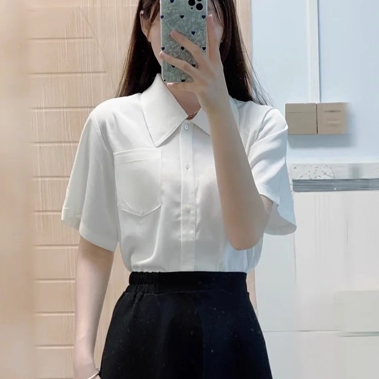 Verão entrevista topo novo estilo branco francês cetim camisa de manga curta Design sentir temperamento profissional cam