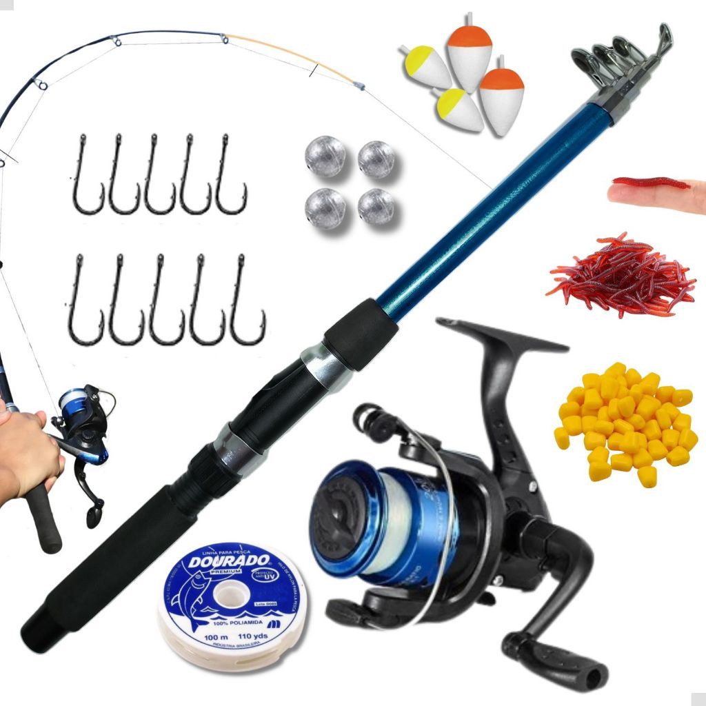 Kit De Pesca Completo 1 Vara Telescópica + 1 Molinete Com Linha - Acessórios Iscas, Anzóis, Chumbada