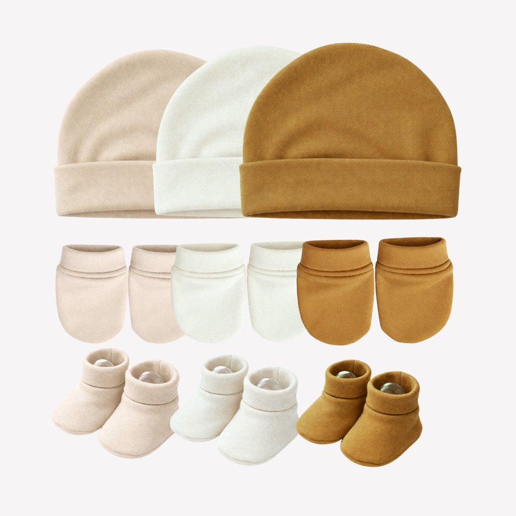 Touca de bebê RN, kit com 3 toucas e 3 pares de luvas 3 Sapatinhos, maternidade enxoval baby, 100% Algodão.
