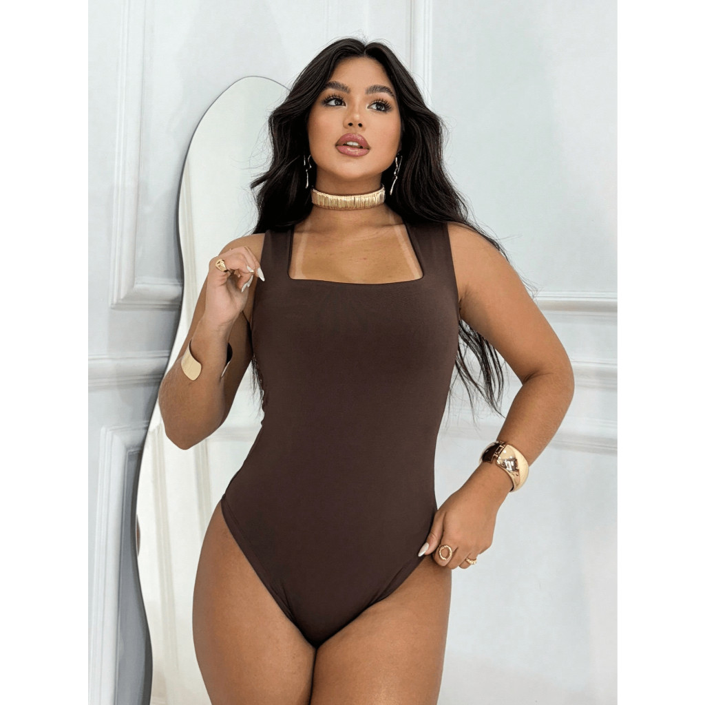 Body Decote Quadrado Feminino Collant Modelador Versátil Moda Casual Tendência Blogueira Gringa