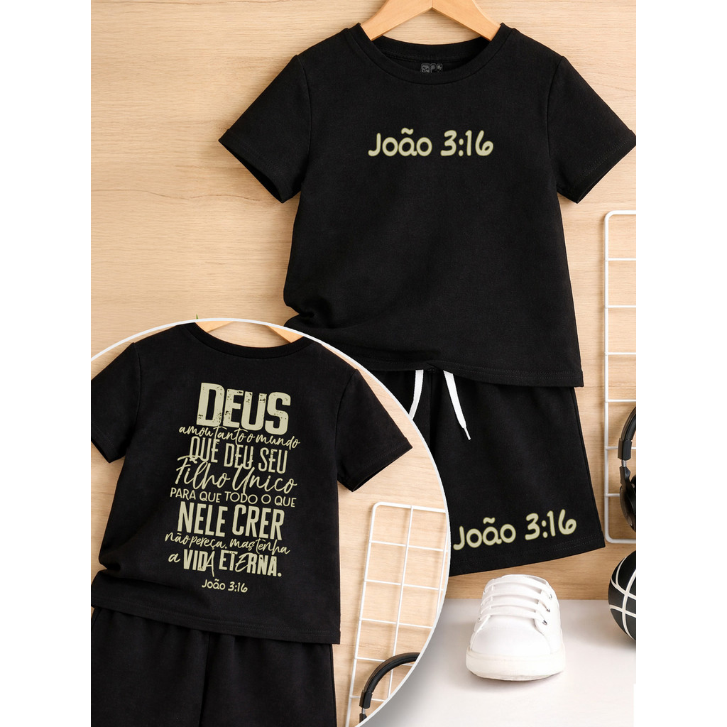 Conjunto Infantil Gospel João 3:16 Camiseta Cristã + Shorts Roupa Evangélica Criança Juvenil
