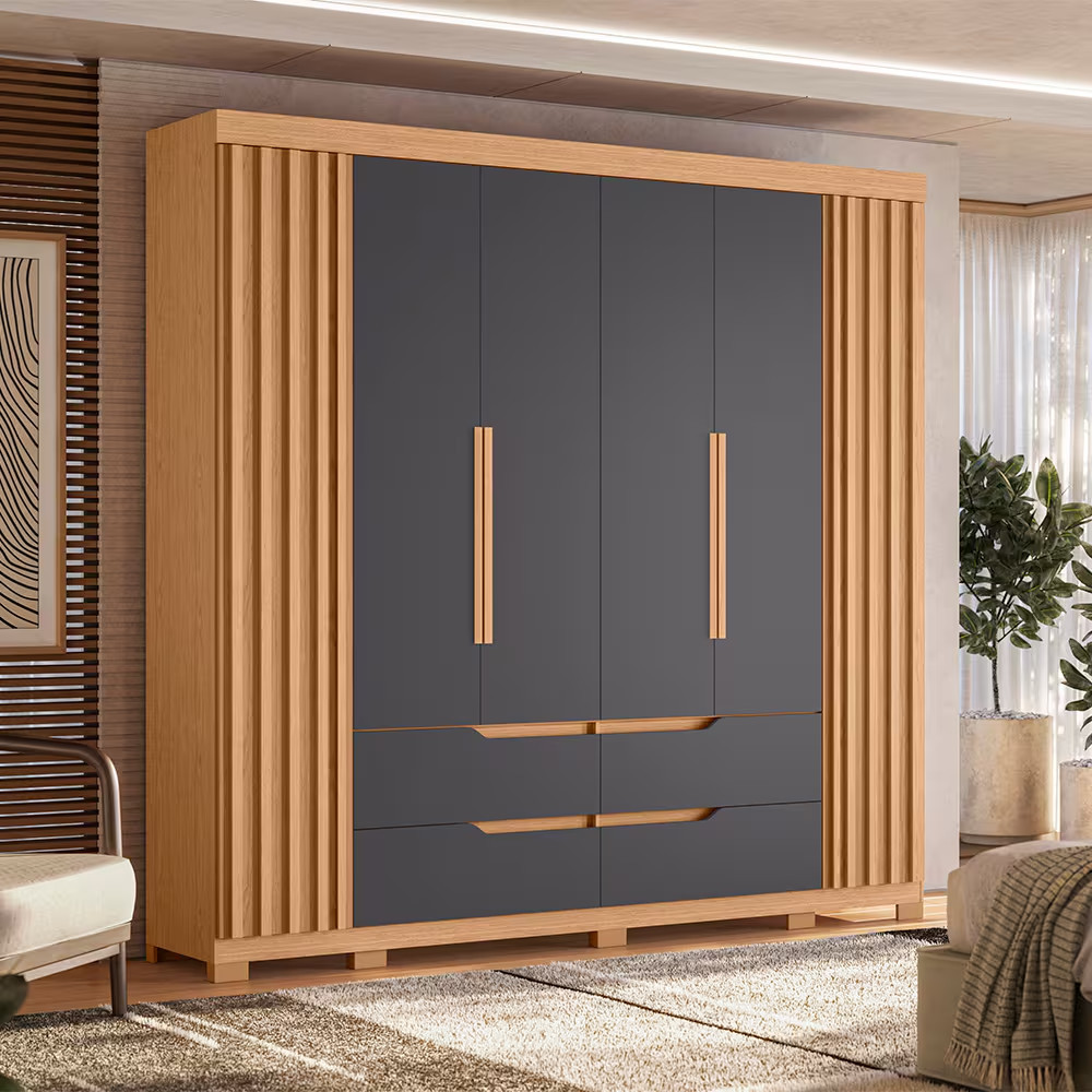Guarda-Roupa Casal Doble com Cabideiro 6 Portas de Bater e 4 Gavetas 240cmde Largura Palum...