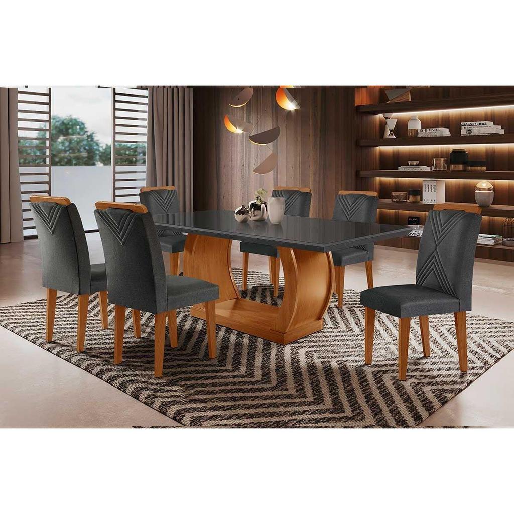 Sala de Jantar Completa Jade Tampo Madeirado c/ Vidro Curvo 180x90 e 6 Cadeiras Amsterdã Imbuia/Veludo Grafite - Rufato