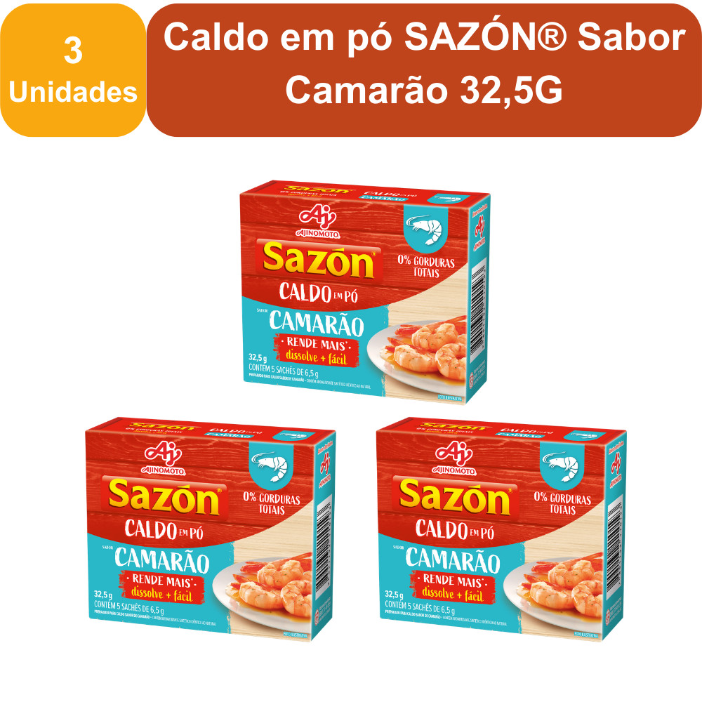 Kit 3 Unidades Caldo em pó SAZÓN® Sabor Camarão 32,5G em Oferta na Shopee