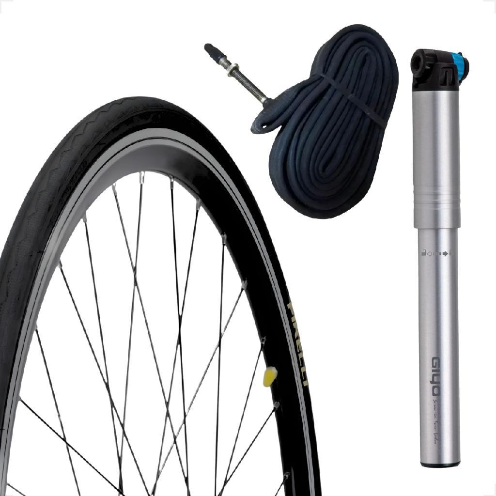 Pneu Bicicleta Pirelli Tornado Alfa 700 X 25 + Camara Bico fino 60mm + Bombinha de ar Giyo 120psi
