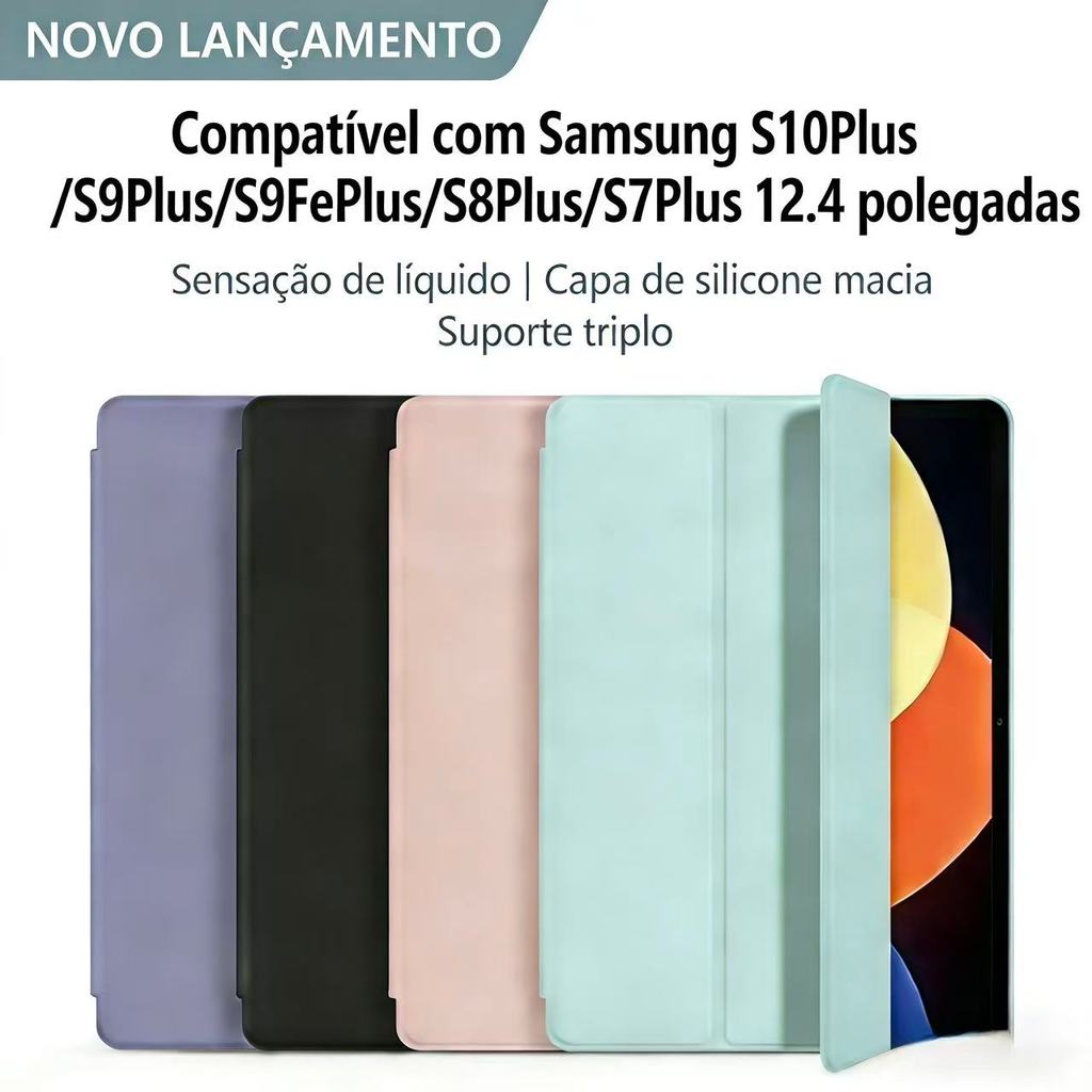 Capa Para Samsung Galaxy Tab S10+/S9+/S9FE+/S8+/S7+/S7FE 12,4 Pol S10 FE+ 13,1POLCom Três Dobras De Silicone