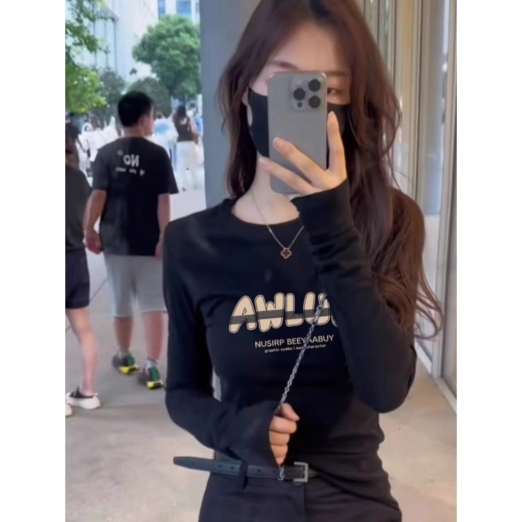 Preto puro algodão de manga comprida camiseta feminina primavera outono inverno estilo ocidental mais magro olhar camisa