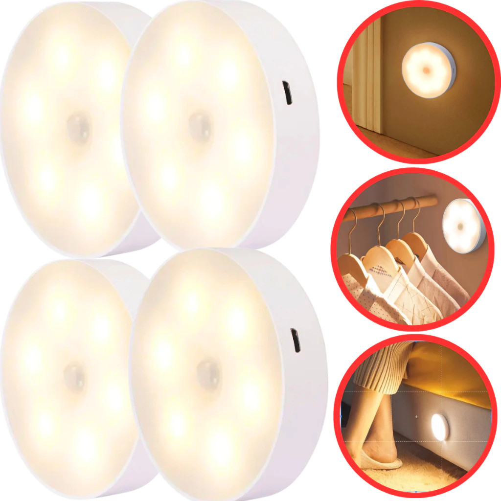 Kit 1/2/3/4/5 Luz LED com Sensor de Presença Recarregável USB Luz Noturna Automática Branco Neutro para Armário Corredor