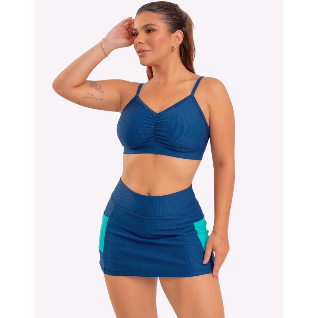 Conjunto Short Saia Top Fitness Cropped Feminina Zero Transparência Roupa De Academia Moda Fitness