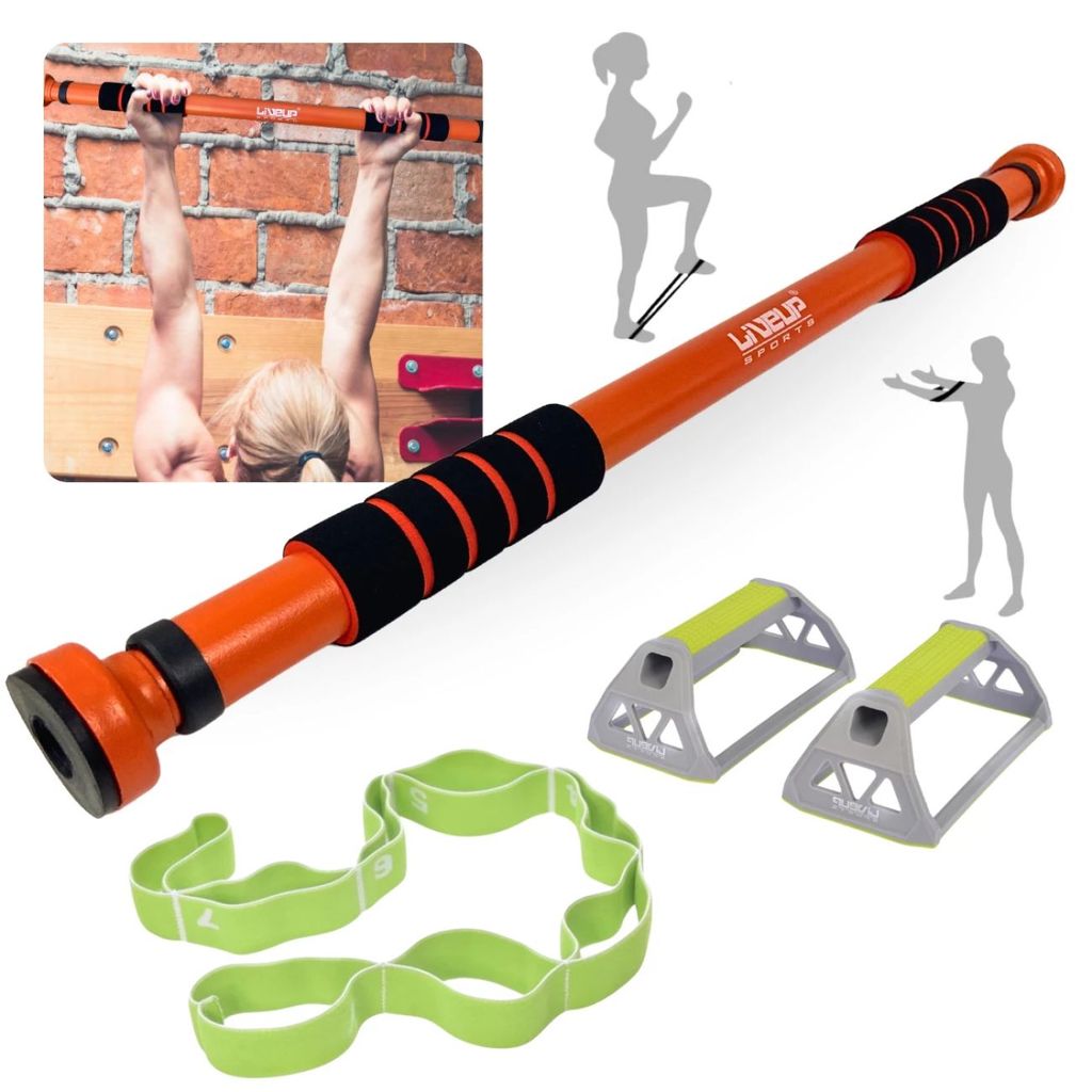 Kit Treino Barra de Porta 65-95cm + Faixa Elástica Multinível Médio + Par Apoio Flexão Exercícios