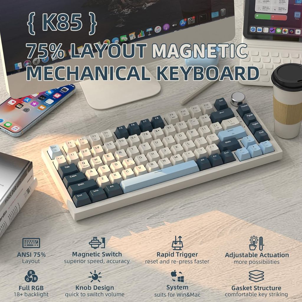 Teclado Mecânico De Gatilho Rápido ATTACK SHARK K85 , Interruptor Magnético , Atuação Ajustável , Chave Para Jogos Espor