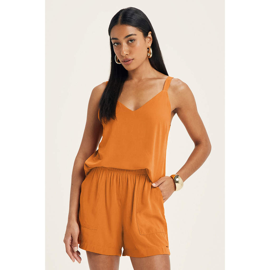 Short Feminino Tecido Viscose Com Bolsos Marialícia Laranja