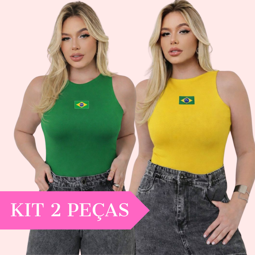 Kit 2 Regata Básica Feminina Estampa DTF Bandeira do Brasil Suplex Moda Verão Copa do Mundo