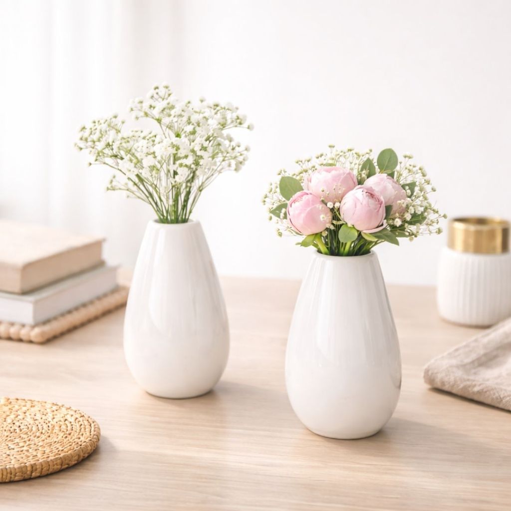 2 Mini Vasos De Cerâmica Branco Decorativo Mesa Sala Aparador Lavabo Arranjo Floral Delicado Moderno