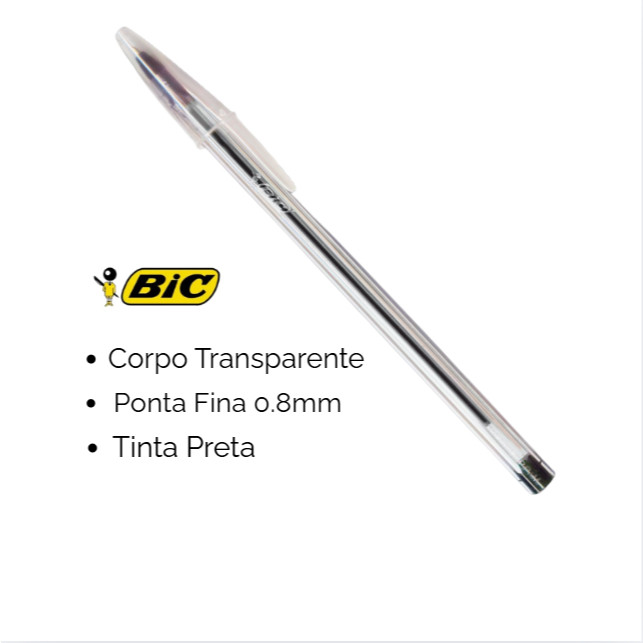 Imagem Kit Caneta Esferográfica Bic Cristal Fina 0.8mm Preta Corpo Transparente para enem e concursos