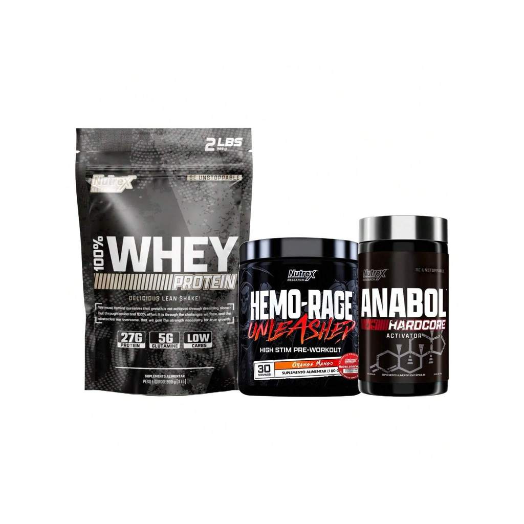 Kit 100%WHEY Protein 900G + Pré-Treino Hemo-Rage 180g + Anabol Hardcore 60 Caps Nutrex Research
