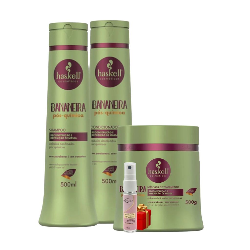 Kit Haskell Bananeira Shampoo 500ML 1 Condicionador 500ML  1 Mascara 500ML + Presente Lourre 15ml