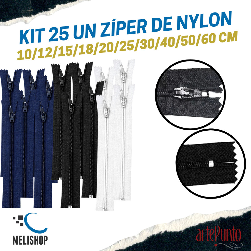 Kit 25 Unidades Zíper de Nylon Comum Nº 3 Fixo 10 a 60cm Preto/Azul Marinho/Branco
