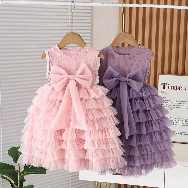 Em estoque (2-10 anos) vestido de princesa infantil de malha, vestido sem mangas com laço para meninas, vestido longo vo