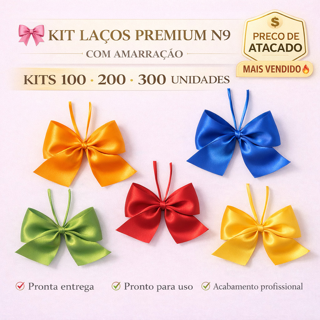 Laços Cetim Luxo 38mm N9 com Amarração – Kit Premium p/ Presentes e Lembrancinhas