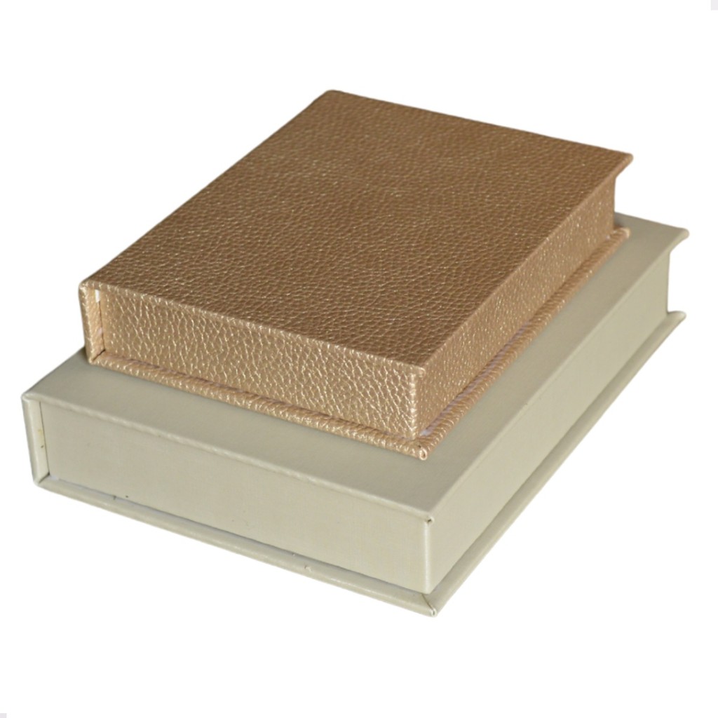 Kit 2 Caixa Livro Falso MDF ECLIPSE DOURADO e DUNY BEGE Decorativa Porta Objeto Elegante