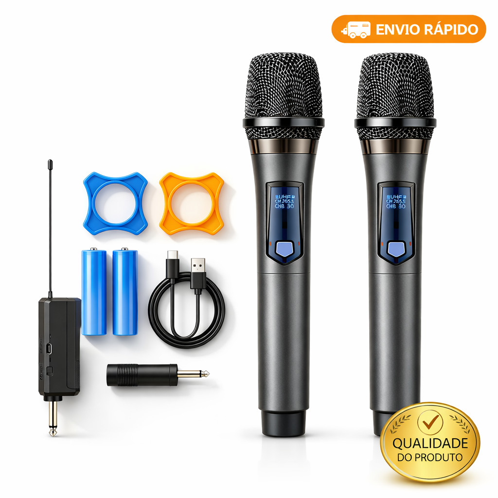 Kit 2 Microfones Sem Fio Profissional UHF com LED Receptor Alta Qualidade