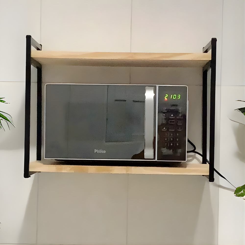 Prateleira de Parede 50cm Suporte Microondas Forno Air Frier Nicho Industrial Impressora Aço Madeira