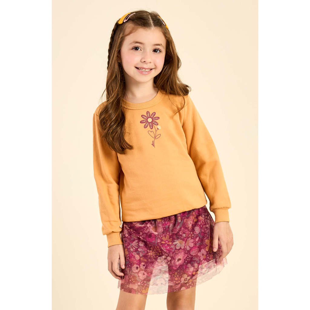 Conjunto Infantil Menina Moletom e Saia Tule Floral Elian Laranja