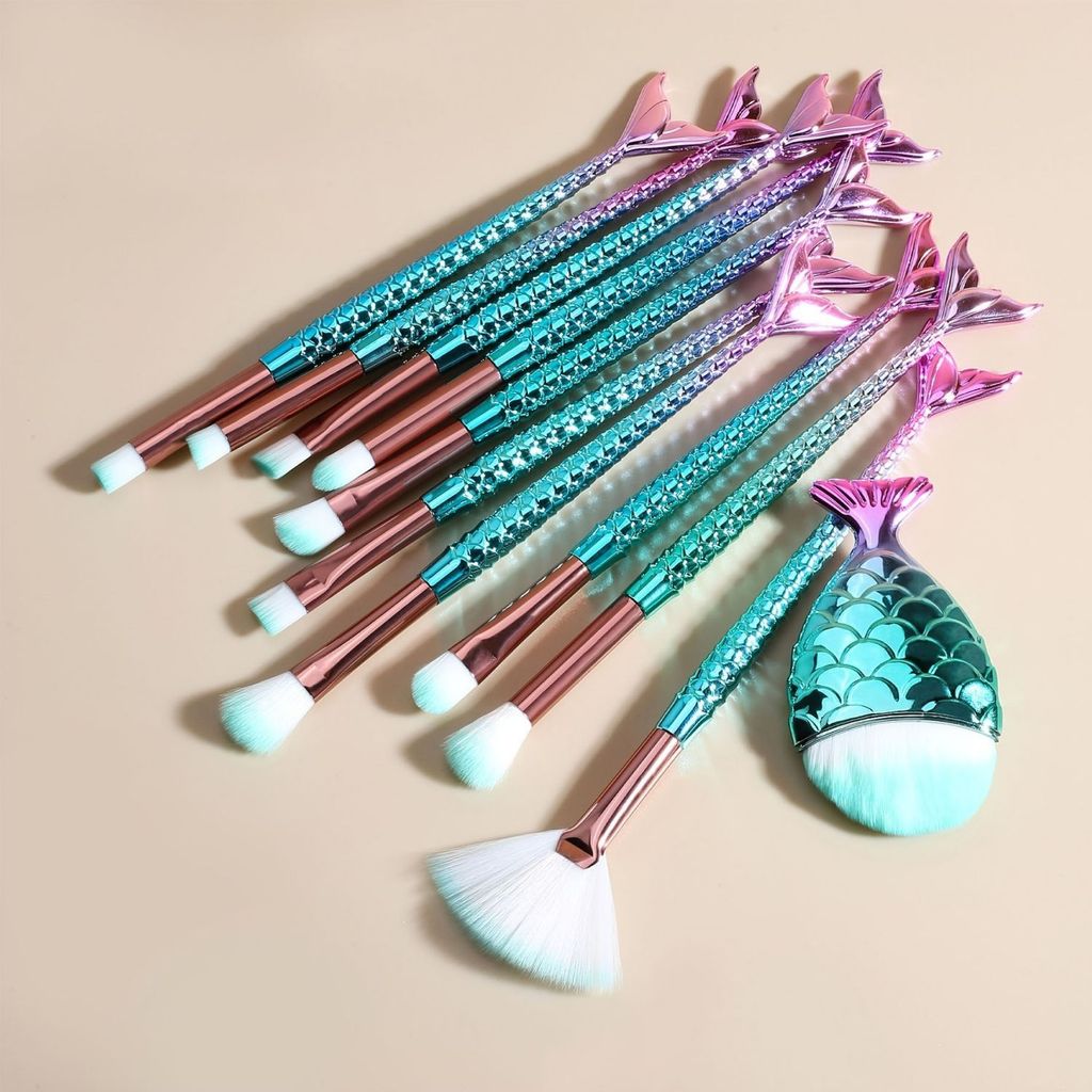 Conjunto de 11 pincéis de maquiagem de sereia, bonitos e requintados, conjunto completo de ferramentas para maquiagem de
